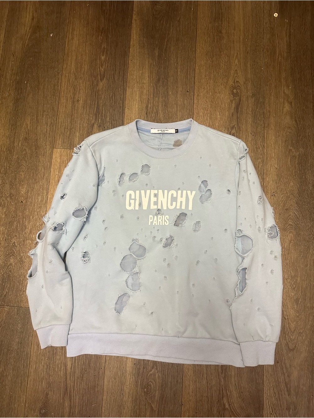 Givenchy Pale Blue Distressed Logo Crewneck